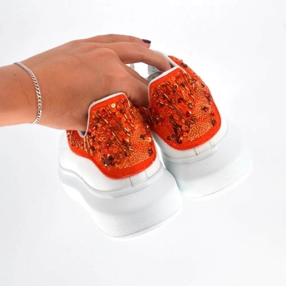 NEW Alexander Mcqueen Oversized Sneakers Sequin Beads White Red Leather Size 37